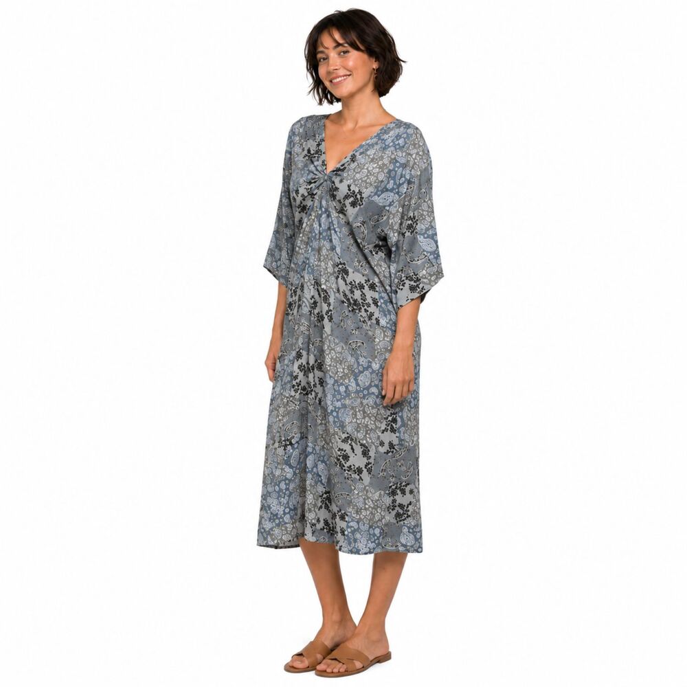 New GIGIO L 12 14 Patchwork Print Twist V Neck Midi Dress Back Tassel Tie